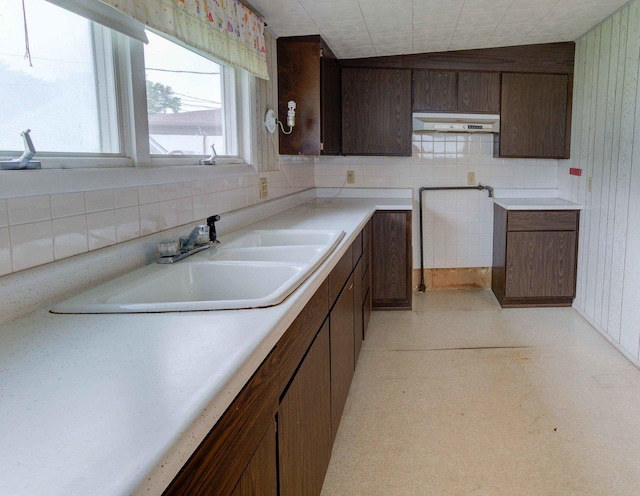 206 N Pine St, Villa Grove, IL 61956 - kitchen with under cabinet range hood, light countertops, a sink, backsplash, and dark brown cabinets