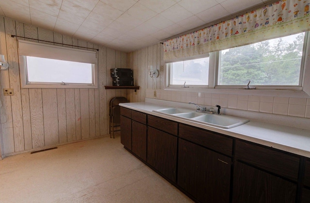 206 N Pine St, Villa Grove, IL 61956 - kitchen featuring a sink, plenty of natural light, light countertops, light flooring, and wooden walls