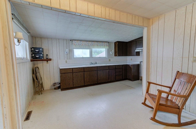 206 N Pine St, Villa Grove, IL 61956 - kitchen with wood walls, a sink, light countertops, dark brown cabinetry, and light floors