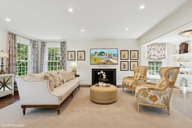 550 Rosemary Rd, Lake Forest, IL 60045 - living room with wood finished floors, recessed lighting, a fireplace, and ornamental molding