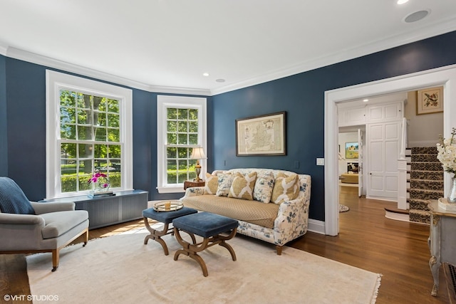 550 Rosemary Rd, Lake Forest, IL 60045 - living area with crown molding, stairway, dark wood finished floors, recessed lighting, and baseboards
