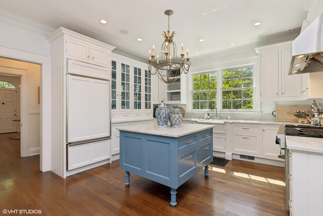 550 Rosemary Rd, Lake Forest, IL 60045 - kitchen with range hood, white cabinets, a chandelier, a sink, and blue cabinetry