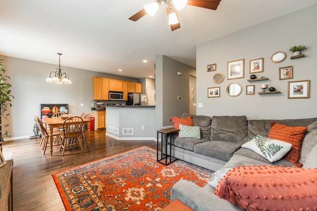 722 Amherst Dr, Sycamore, IL 60178 - living room with ceiling fan, dark wood-style floors, a chandelier, recessed lighting, and baseboards