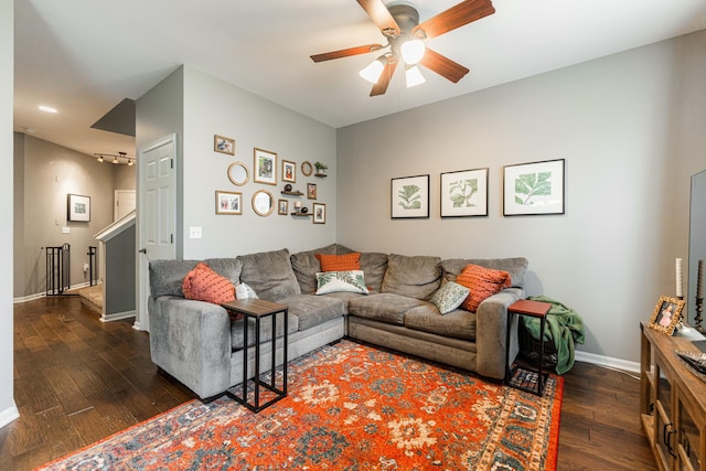 722 Amherst Dr, Sycamore, IL 60178 - living area featuring hardwood / wood-style flooring, ceiling fan, and baseboards