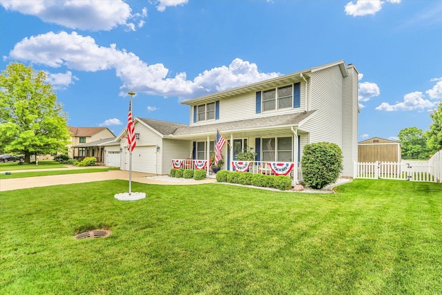 705 Northridge Dr, Mahomet, IL 61853 - traditional-style home with a porch, concrete driveway, an attached garage, and a chimney