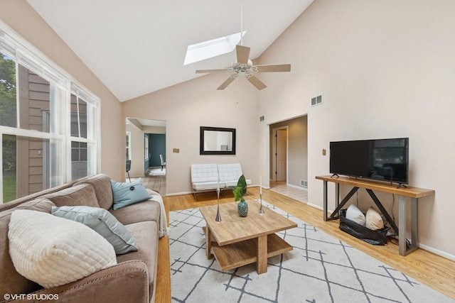 201 Rosewood Ct, Westmont, IL 60559 - living room with a skylight, ceiling fan, high vaulted ceiling, light wood-style flooring, and baseboards