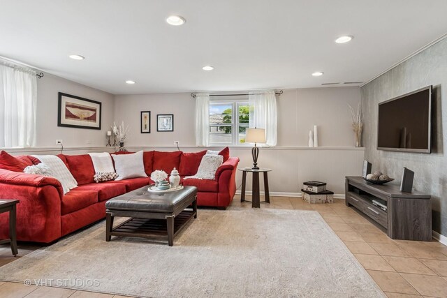 1140 Catalpa Ln, Naperville, IL 60540 - living room featuring recessed lighting, tile patterned floors, and wainscoting