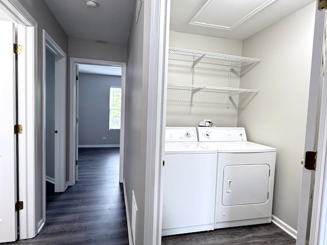 4078 Boulder Ct, Aurora, IL 60504 - washroom featuring separate washer and dryer, dark wood-style flooring, baseboards, and attic access