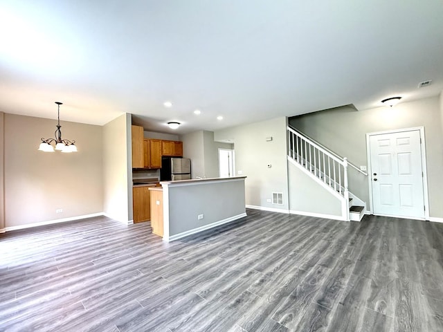 4078 Boulder Ct, Aurora, IL 60504 - unfurnished living room featuring stairway, dark wood-style floors, baseboards, and recessed lighting