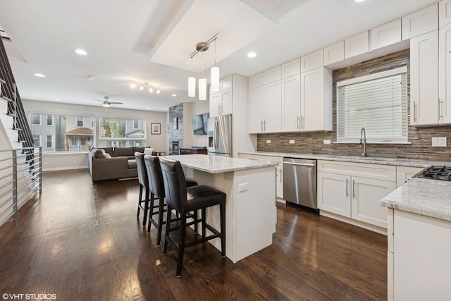 3019 N Allen Ave, Chicago, IL 60618 - kitchen with stainless steel appliances, dark wood finished floors, a sink, open floor plan, and recessed lighting