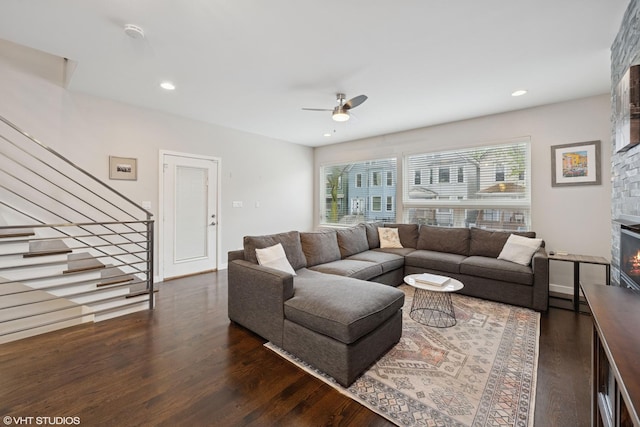 3019 N Allen Ave, Chicago, IL 60618 - living room featuring a stone fireplace, wood finished floors, ceiling fan, stairs, and recessed lighting