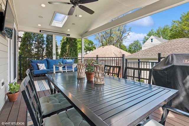 2450 W Warner Ave, Chicago, IL 60618 - wooden deck featuring outdoor dining space, a ceiling fan, an outdoor hangout area, and area for grilling