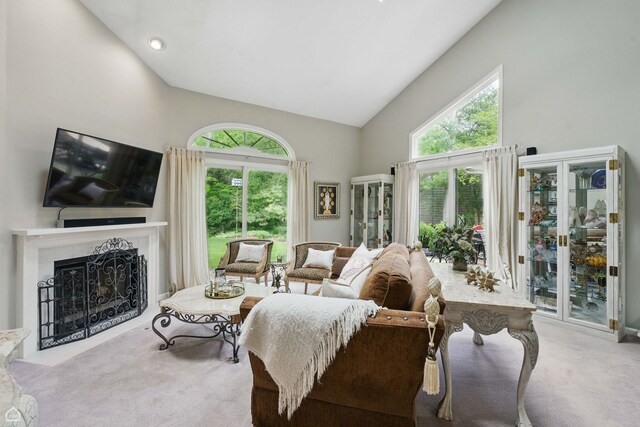 36 Lakewood Cir, Saint Charles, IL 60174 - carpeted living area featuring high vaulted ceiling and a fireplace