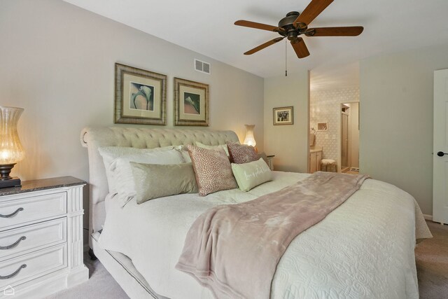 36 Lakewood Cir, Saint Charles, IL 60174 - bedroom with light colored carpet, connected bathroom, and a ceiling fan