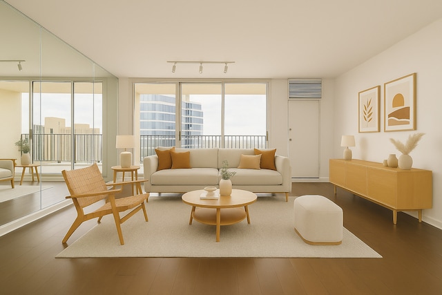300 N State St Unit 5503, Chicago, IL 60654 - living room with rail lighting, dark wood-type flooring, and expansive windows