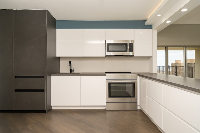 300 N State St Unit 5503, Chicago, IL 60654 - kitchen with stainless steel appliances, a sink, white cabinetry, modern cabinets, and recessed lighting