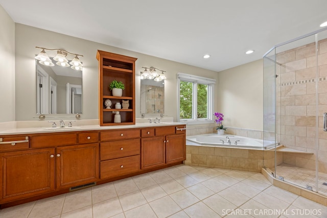 203 E Lincoln Ave, Wheaton, IL 60187 - full bathroom featuring a bath, tile patterned floors, double vanity, a shower stall, and recessed lighting