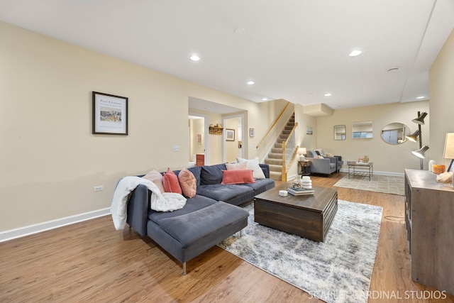 203 E Lincoln Ave, Wheaton, IL 60187 - living area featuring stairs, baseboards, wood finished floors, and recessed lighting