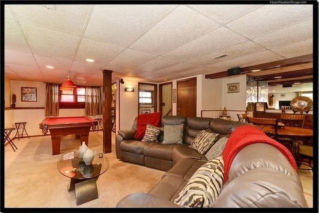 510 W Millns Ct, Addison, IL 60101 - living room with billiards, carpet, a paneled ceiling, and recessed lighting