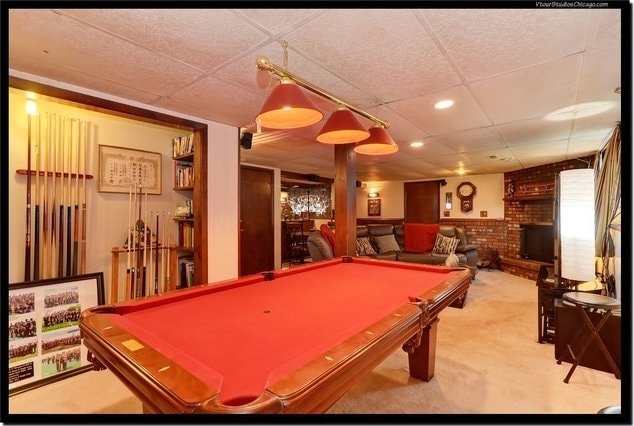510 W Millns Ct, Addison, IL 60101 - game room featuring billiards table, carpet, a drop ceiling, recessed lighting, and a brick fireplace