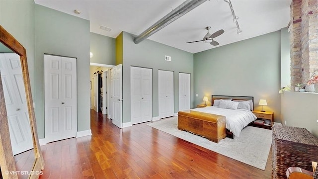 1508 Elmwood Ave Unit 3, Evanston, IL 60201 - bedroom featuring two closets, high vaulted ceiling, wood finished floors, rail lighting, and ceiling fan