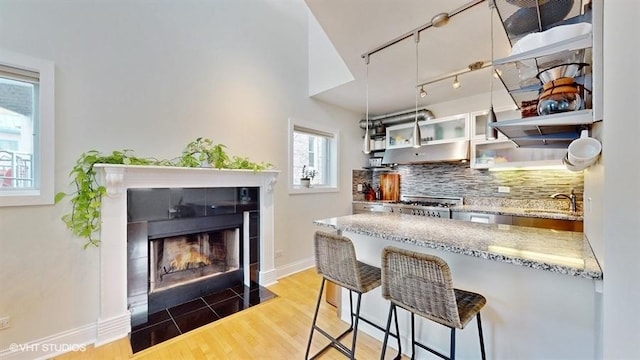 1508 Elmwood Ave Unit 3, Evanston, IL 60201 - kitchen with track lighting, a sink, a tiled fireplace, stove, and decorative backsplash