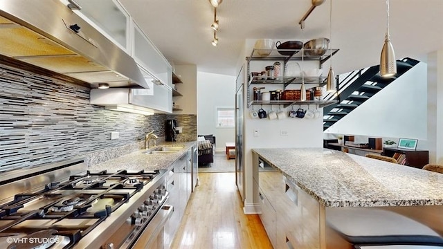 1508 Elmwood Ave Unit 3, Evanston, IL 60201 - kitchen featuring stainless steel gas range, under cabinet range hood, open shelves, light wood-style floors, and tasteful backsplash