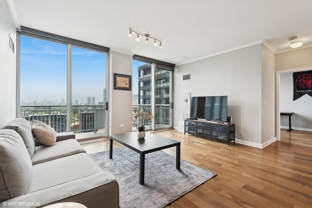 421 W Huron St Unit 1503, Chicago, IL 60654 - living area featuring expansive windows, ornamental molding, wood finished floors, and baseboards