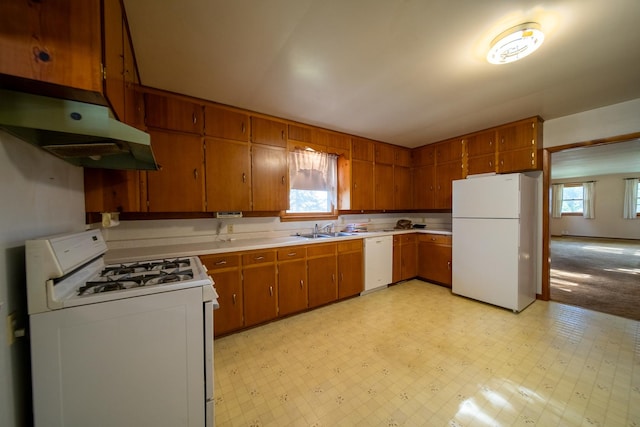 2056 Peek Home Rd, Dixon, IL 61021 - kitchen featuring white appliances, under cabinet range hood, a sink, light countertops, and brown cabinets