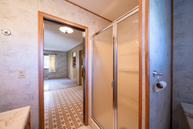 2056 Peek Home Rd, Dixon, IL 61021 - bathroom with a stall shower, toilet, and wallpapered walls