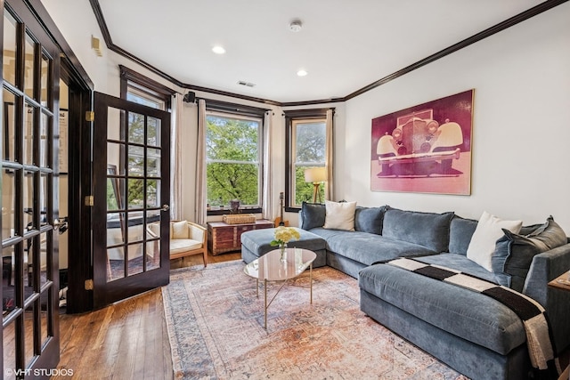 4940 N Ridgeway Ave Unit 3, Chicago, IL 60625 - living room featuring ornamental molding, hardwood / wood-style flooring, french doors, and recessed lighting