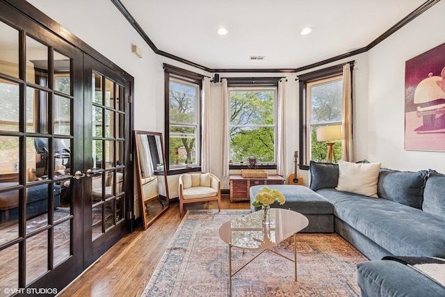 4940 N Ridgeway Ave Unit 3, Chicago, IL 60625 - living area with ornamental molding, wood-type flooring, french doors, recessed lighting, and baseboards