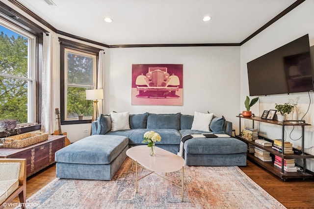4940 N Ridgeway Ave Unit 3, Chicago, IL 60625 - living area with crown molding, wood finished floors, and recessed lighting