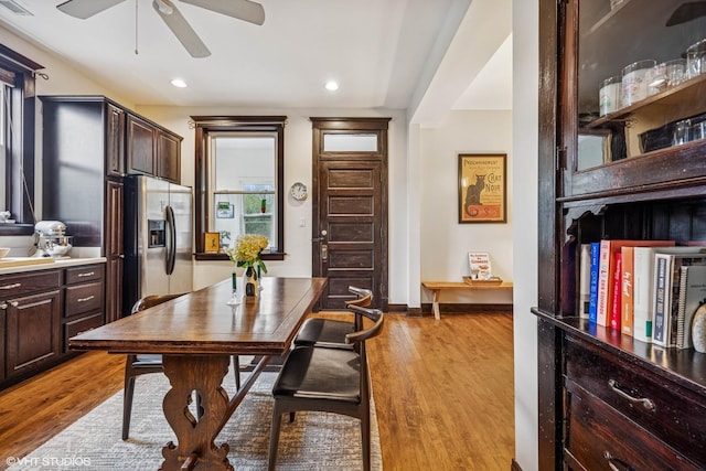4940 N Ridgeway Ave Unit 3, Chicago, IL 60625 - kitchen with stainless steel fridge with ice dispenser, ceiling fan, light wood-style floors, dark brown cabinetry, and recessed lighting
