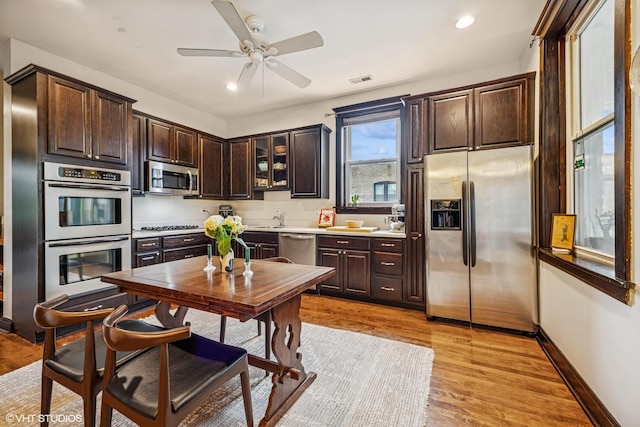 4940 N Ridgeway Ave Unit 3, Chicago, IL 60625 - kitchen with appliances with stainless steel finishes, dark brown cabinets, ceiling fan, recessed lighting, and light wood-style floors