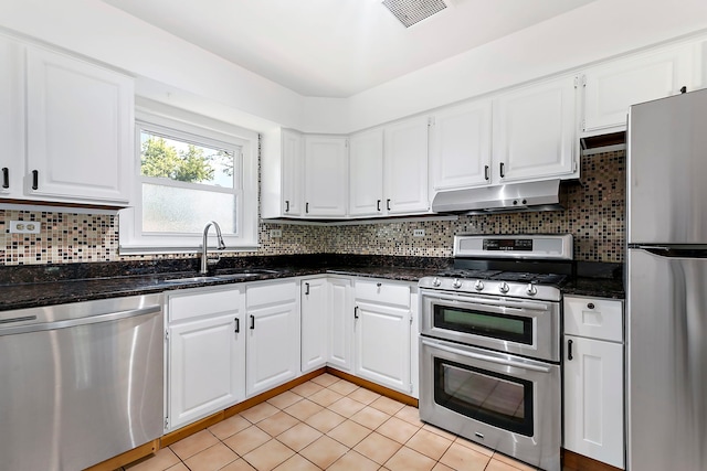 128 8th St, Downers Grove, IL 60515 - kitchen with appliances with stainless steel finishes, under cabinet range hood, a sink, white cabinetry, and dark stone countertops