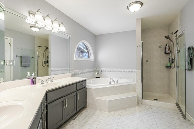 4647 N Thatcher Ave, Norridge, IL 60706 - bathroom with marble look tiles, a shower stall, a bath, and double vanity