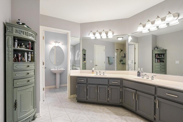 4647 N Thatcher Ave, Norridge, IL 60706 - full bathroom featuring a shower, dual sinks, and marble look tiles