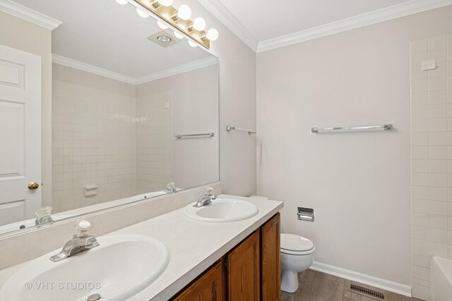 1087 Huntwyck Ct, Elgin, IL 60120 - full bathroom featuring double vanity, ornamental molding, wood finished floors, and shower / bathtub combination