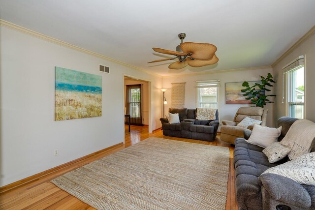 911 Woodland Hills Rd, Batavia, IL 60510 - living room featuring ceiling fan, crown molding, wood finished floors, and baseboards