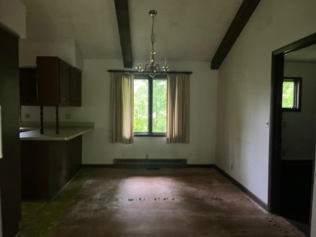 4528 1369th Rd, Earlville, IL 60518 - unfurnished dining area with a chandelier, baseboards, and a baseboard heating unit
