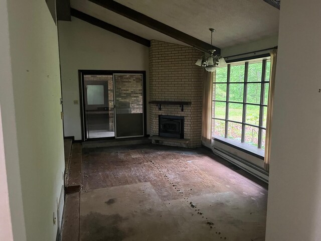 4528 1369th Rd, Earlville, IL 60518 - unfurnished living room with baseboard heating and a fireplace