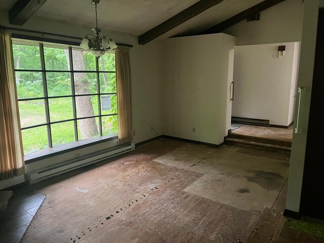 4528 1369th Rd, Earlville, IL 60518 - unfurnished dining area with baseboard heating, a chandelier, beamed ceiling, and baseboards