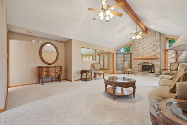 22178 Chamomile Dr, Frankfort, IL 60423 - carpeted living room featuring beam ceiling, ceiling fan, baseboards, high vaulted ceiling, and a brick fireplace