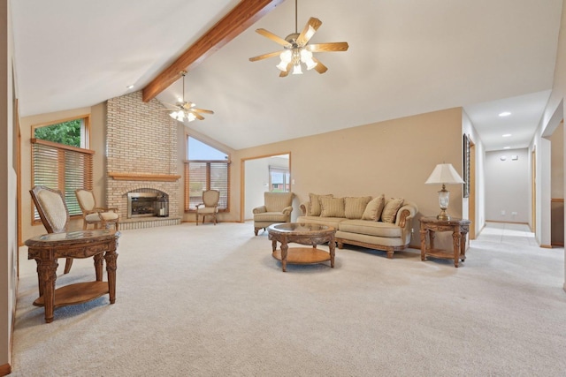 22178 Chamomile Dr, Frankfort, IL 60423 - living room featuring carpet floors, beam ceiling, a fireplace, a ceiling fan, and baseboards