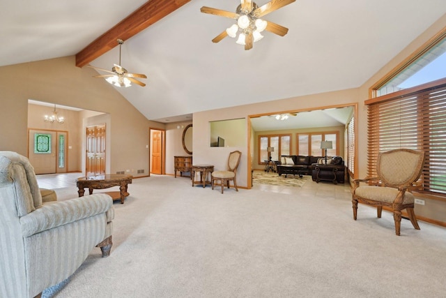 22178 Chamomile Dr, Frankfort, IL 60423 - carpeted living room featuring beamed ceiling, ceiling fan, high vaulted ceiling, and a chandelier