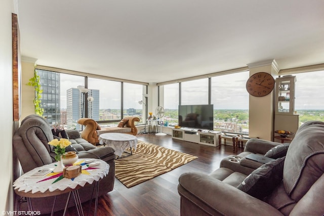 living room with wood finished floors, plenty of natural light, crown molding, and expansive windows