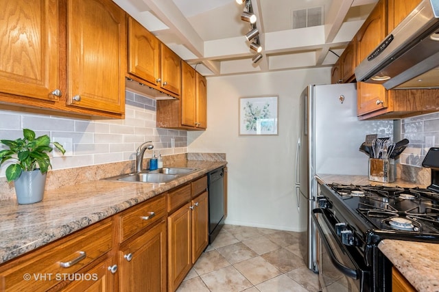 130 Aberdeen Ct, Geneva, IL 60134 - kitchen with black appliances, extractor fan, brown cabinetry, and light stone countertops
