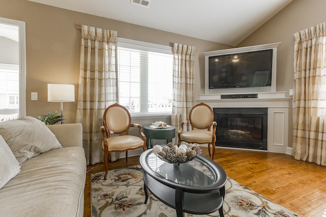 2164 Waterbury Ln W Unit 2164, Sycamore, IL 60178 - living room featuring wood finished floors, lofted ceiling, and a glass covered fireplace