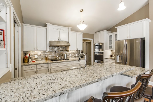 2164 Waterbury Ln W Unit 2164, Sycamore, IL 60178 - kitchen with appliances with stainless steel finishes, under cabinet range hood, decorative backsplash, glass insert cabinets, and vaulted ceiling